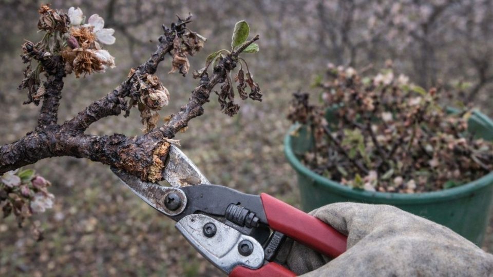 Pruning infected orchard branches close-up