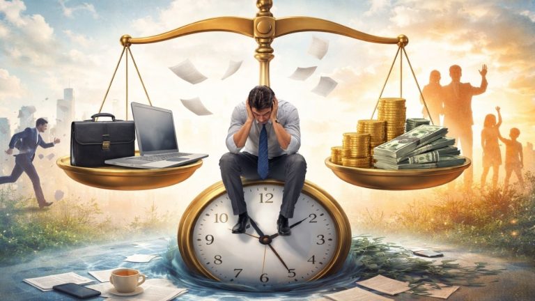 Концептуална илустрација на баланс помеѓу работа, плата и стрес во современото општество