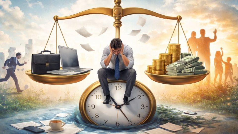 Концептуална илустрација на баланс помеѓу работа, плата и стрес во современото општество