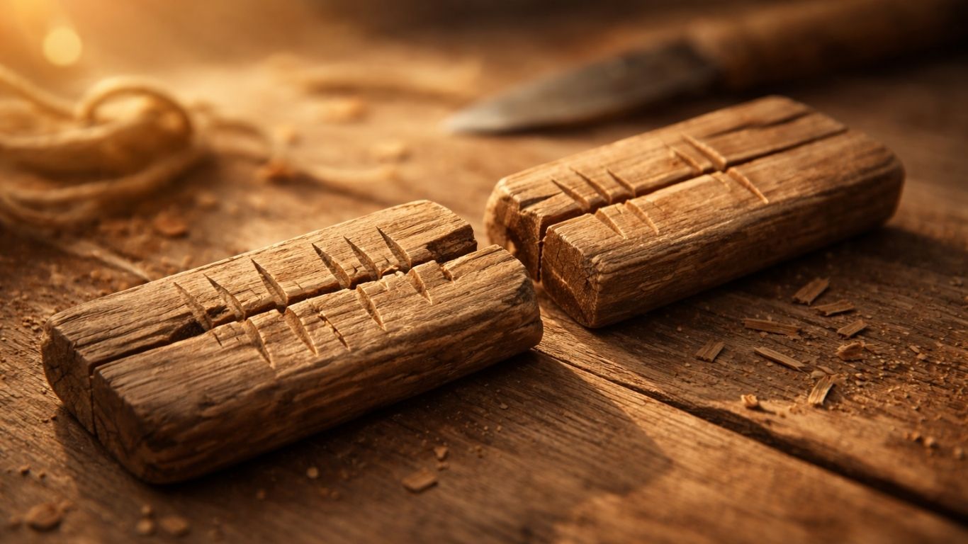 Концептуална илустрација на дрвен рабуш со засечоци во топли природни бои што симболизира мера и доверба