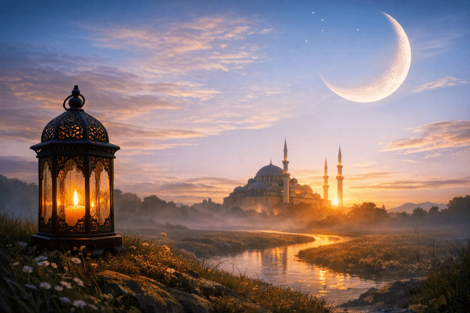 Концептуална реалистична сцена за Рамазан Бајрам со утринска светлина, симболика на мир, духовност и празнична блискост