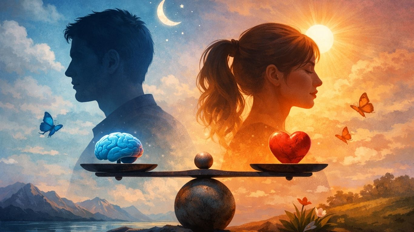 Концептуална илустрација што симболично ги прикажува разликите и балансот меѓу мажите и жените