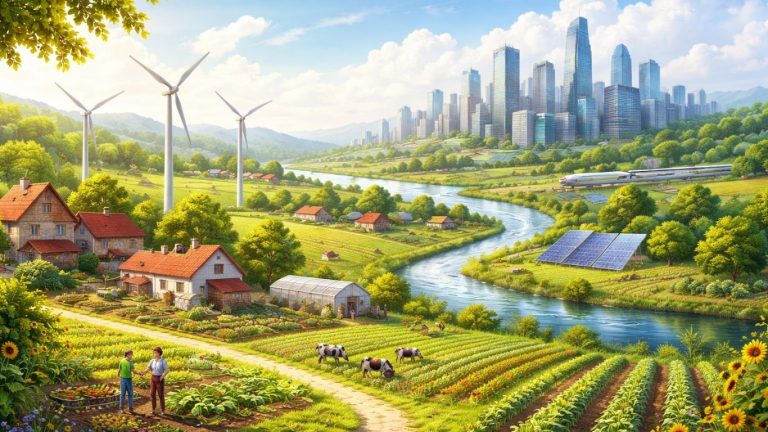 Концептуална илустрација на поврзување меѓу село и град во одржлива иднина