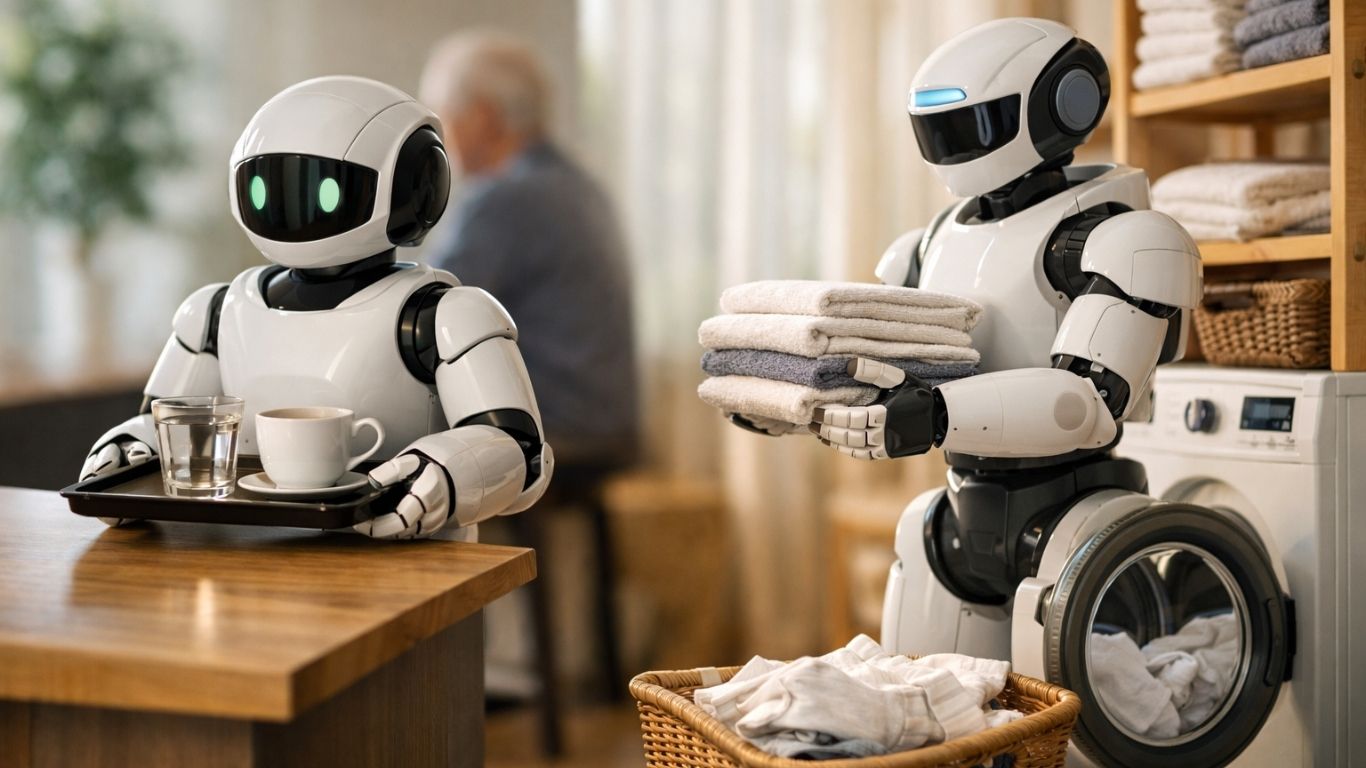 Концептуален приказ на роботи што им помагаат на луѓето во домашна и современа средина