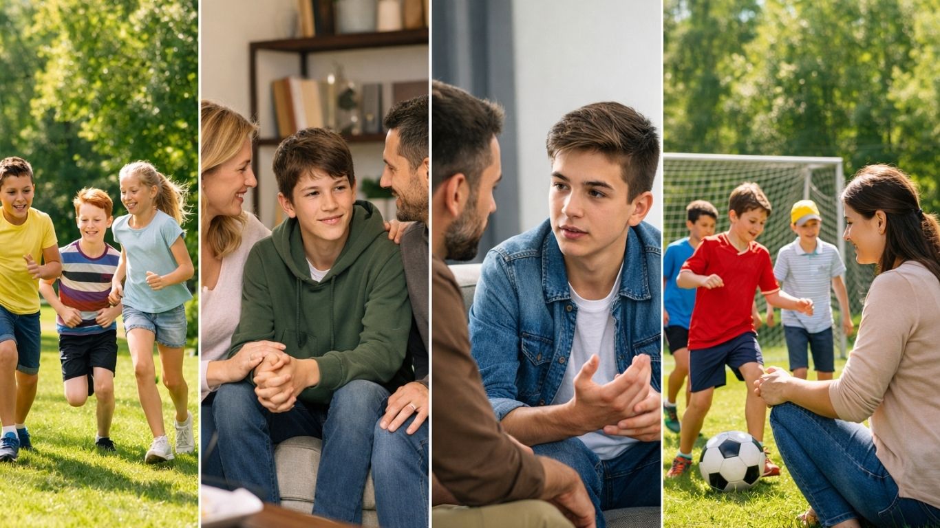 Семејство разговара со тинејџер дома и деца играат фудбал надвор во парк – позитивен детски развој и активно родителство