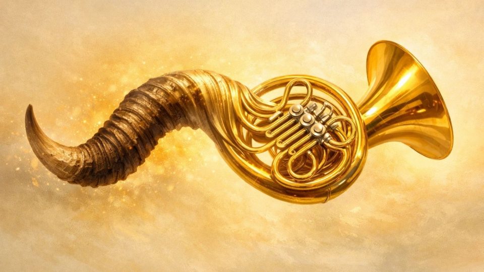 Концептуална илустрација на рог што преминува од животински симбол во оркестарски инструмент