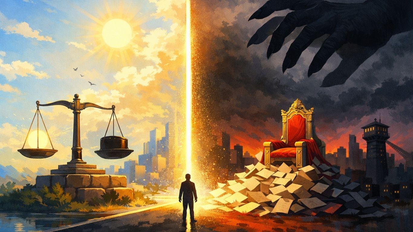 Концептуелна илустрација на моќ и самоволие преку симболика на сенка, светлина и рамнотежа