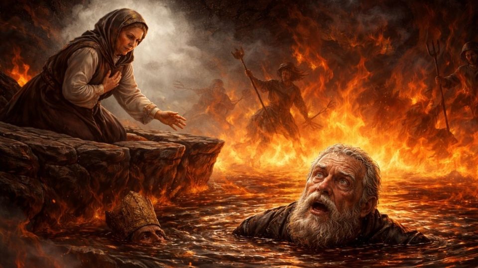 Поп и попадија како симболична сцена од македонска народна приказна за суета, рај и вечна мака