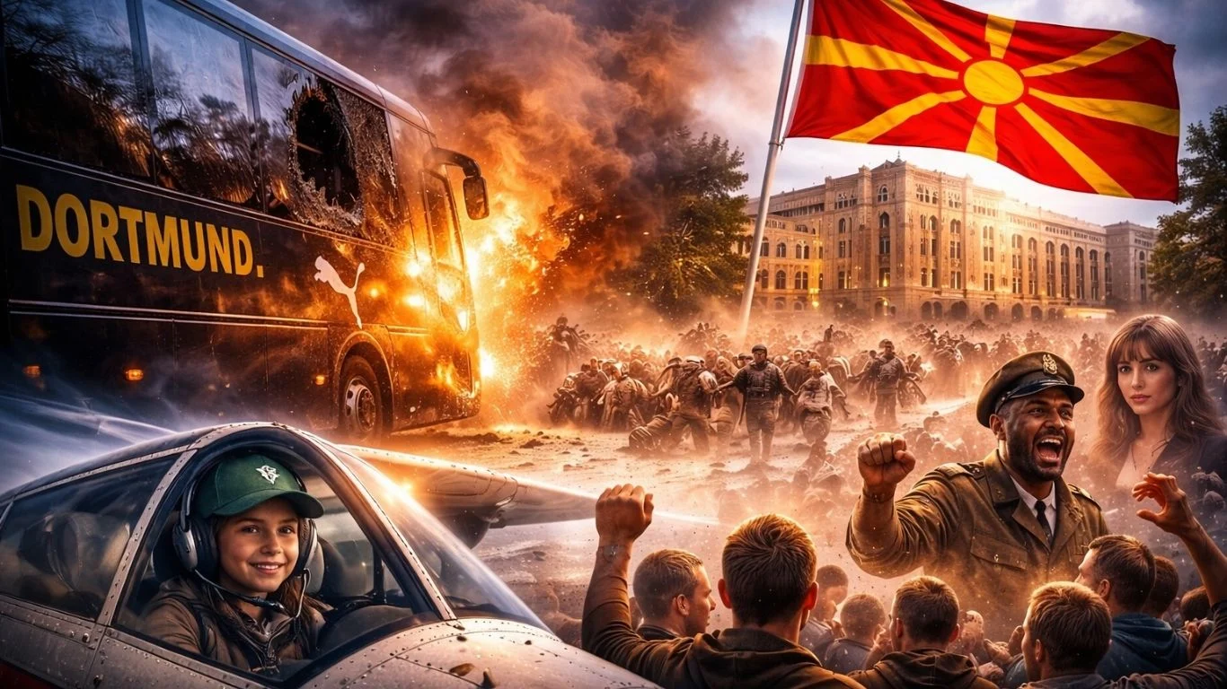 Концептуална панорамска слика за 11 април со чувство на историски потрес, јавен шок и македонски белези