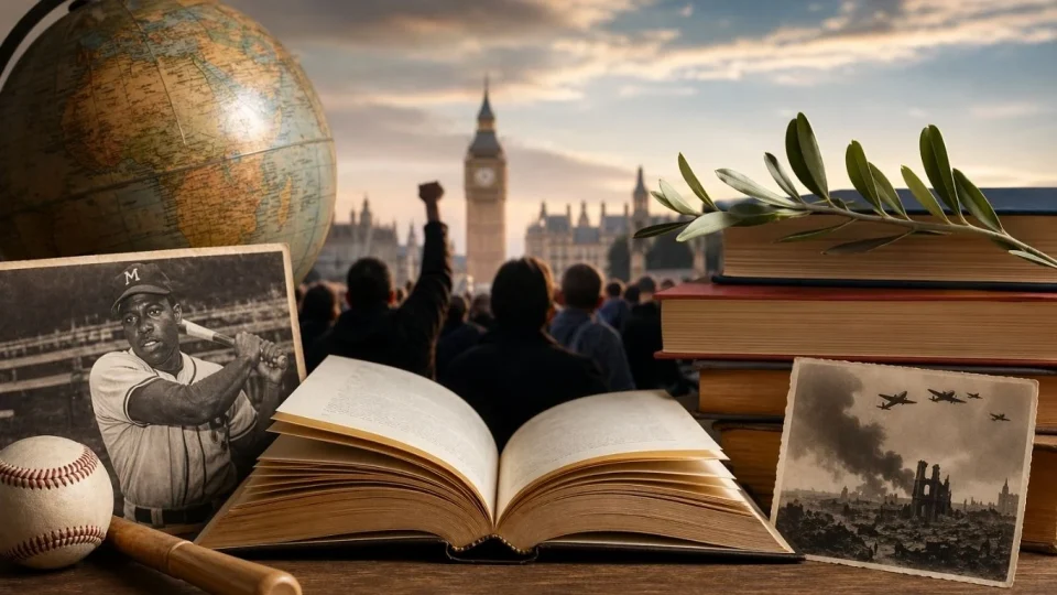 Симболична сцена што ја претставува историјата, книгата и културната меморија на 23 април