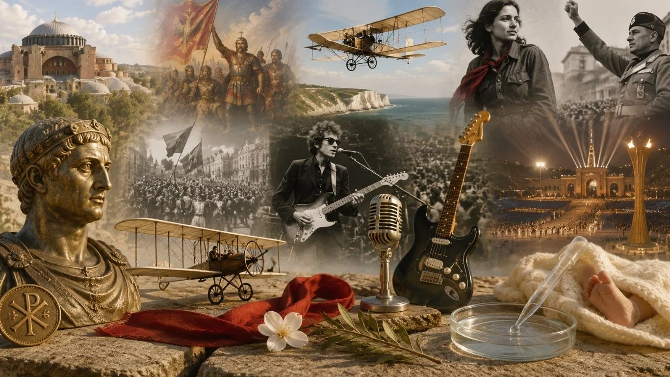 Симболична историска сцена за настаните од 25 јули со древна архитектура, ран авион, црвена марама и медицински мотив