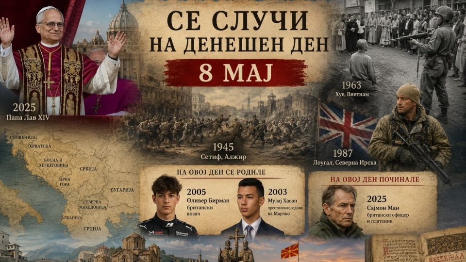 Концептуална историска сцена за 8 мај со архивска атмосфера, симболи на Европа, Балканот, хуманоста и промената