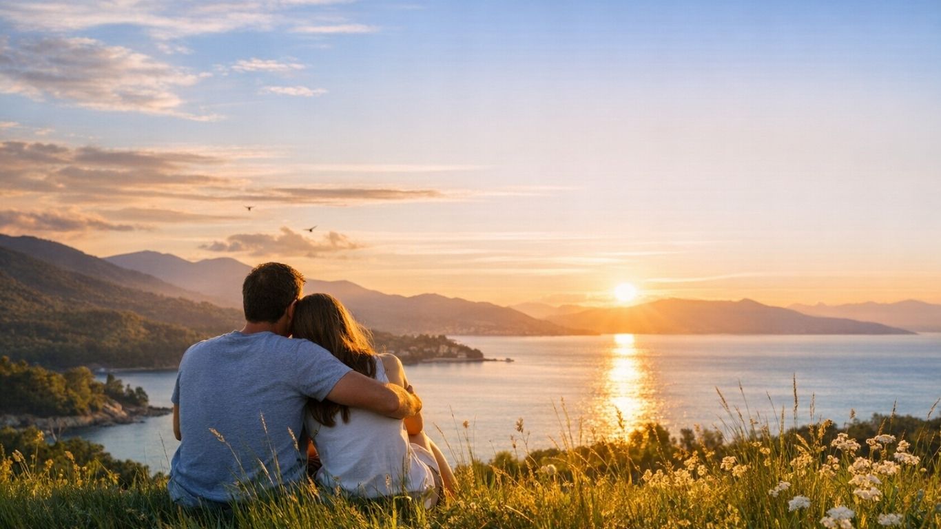 Пар во прегратка на рид над море во топла светлина - симбол на интимност, смиреност и здрав однос