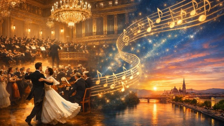 Концептуална сцена со оркестар и валцер во виенска сала како симбол на семејството Штраус