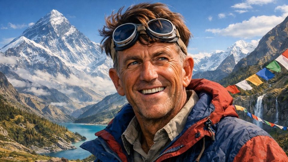 Концептуална илустрација на силуета на алпинист на светол врв со мостови во подножјето како симбол на хуманост