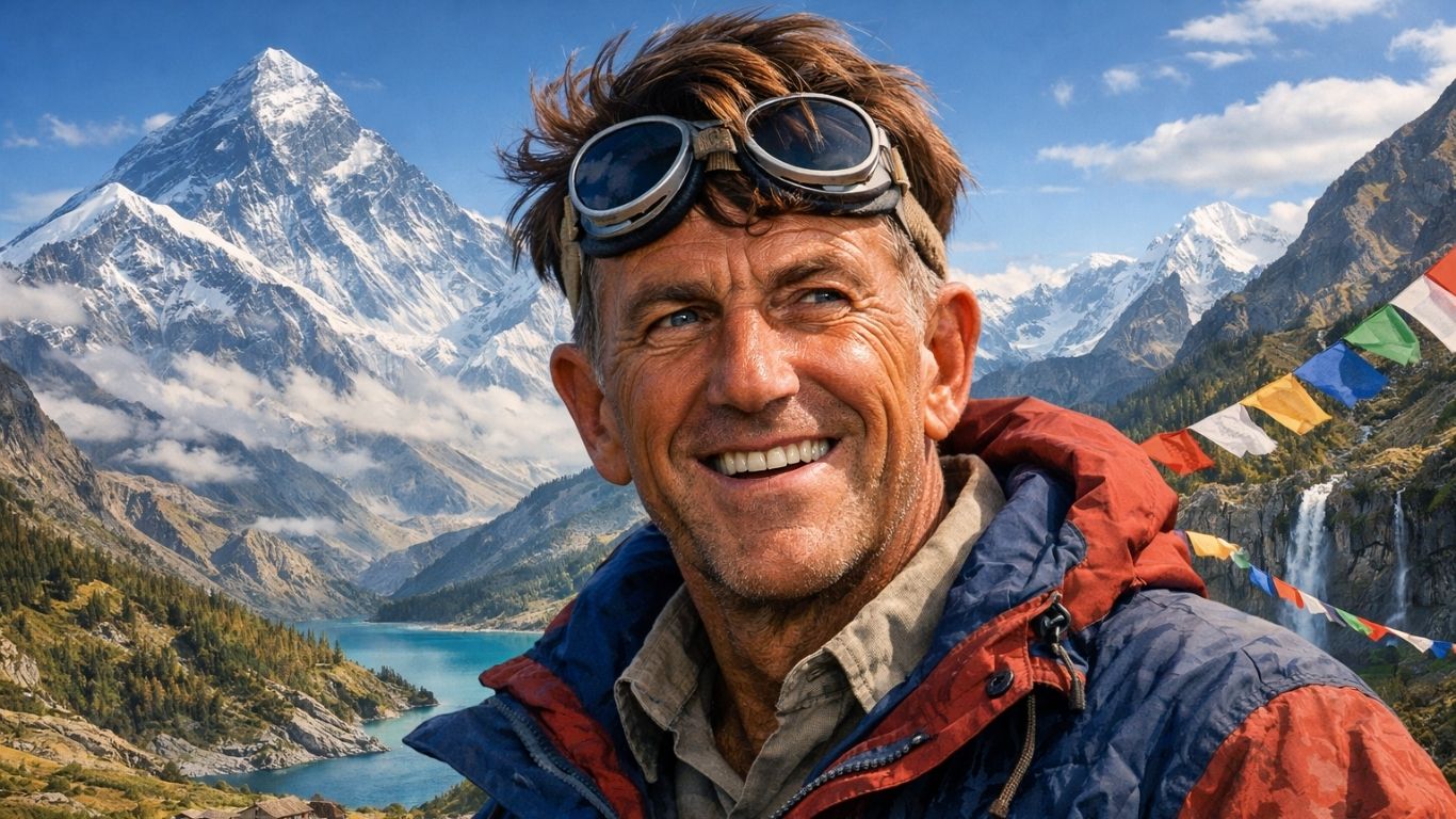 Концептуална илустрација на силуета на алпинист на светол врв со мостови во подножјето како симбол на хуманост