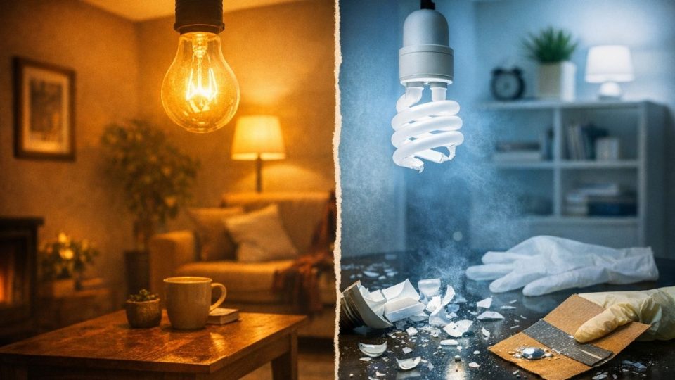 споредба на топла инкадесцентна и компакт флуо светлина во ентериер