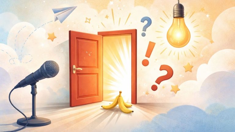 Концептуална илустрација што ја симболизира неочекуваноста и психолошката длабочина на вицот