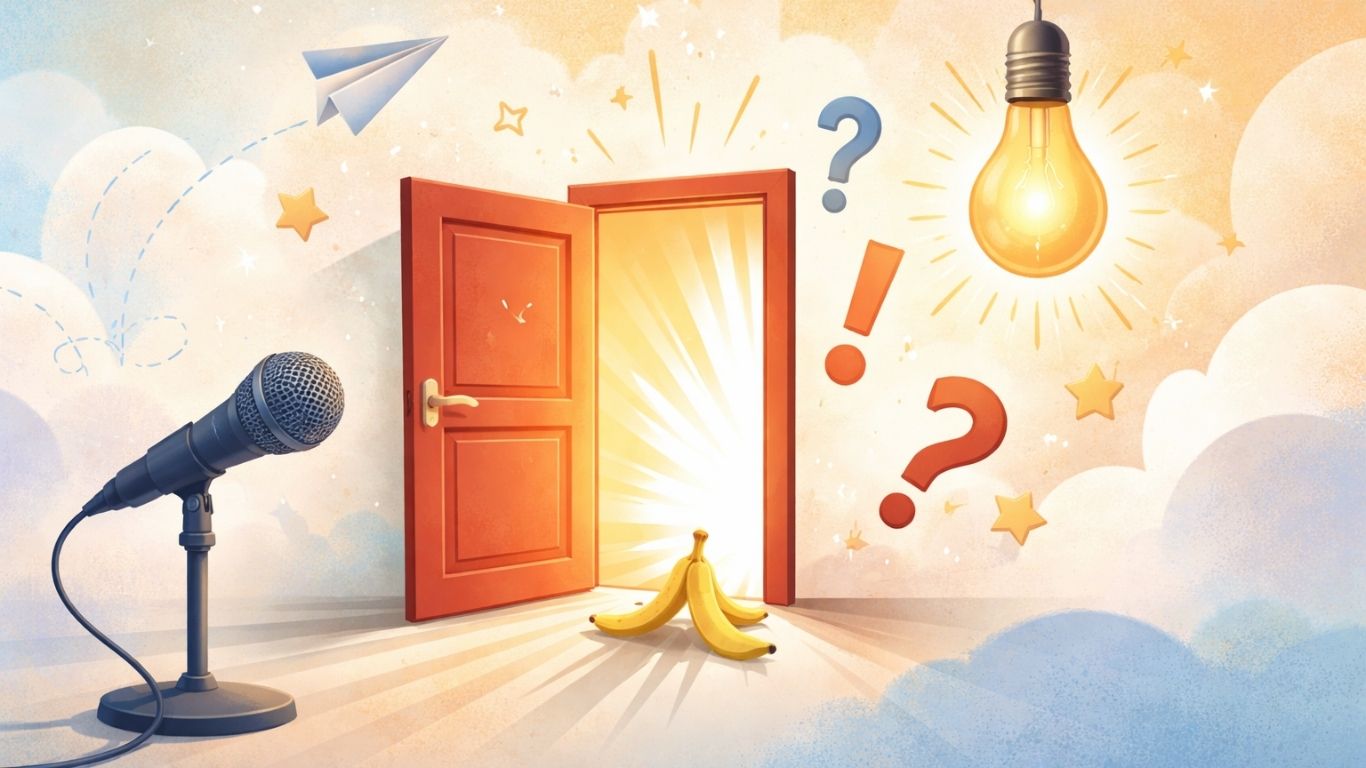 Концептуална илустрација што ја симболизира неочекуваноста и психолошката длабочина на вицот