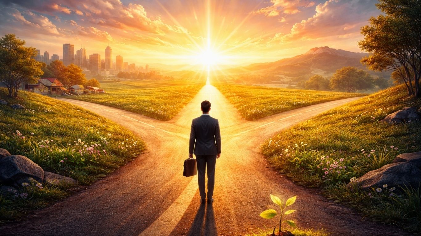 Концептуална сцена што симболизира мотивација и личен пат во бизнис