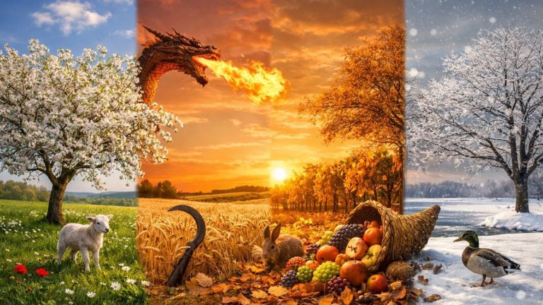 Симболична пејзажна композиција со четирите годишни доба - пролет, лето, есен и зима во една сцена