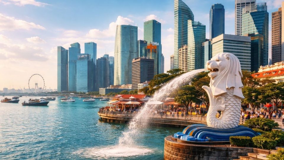 Сингапур – модерна град-држава со пристаниште, облакодери и симболот на лавот