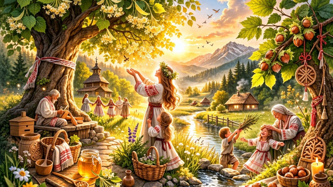 Концептуална илустрација на липа и леска како симболи во словенската митологија