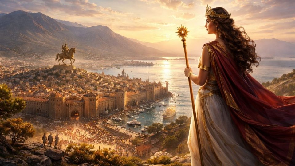 Концептуална илустрација на античка Македонија и Солун како историска личност