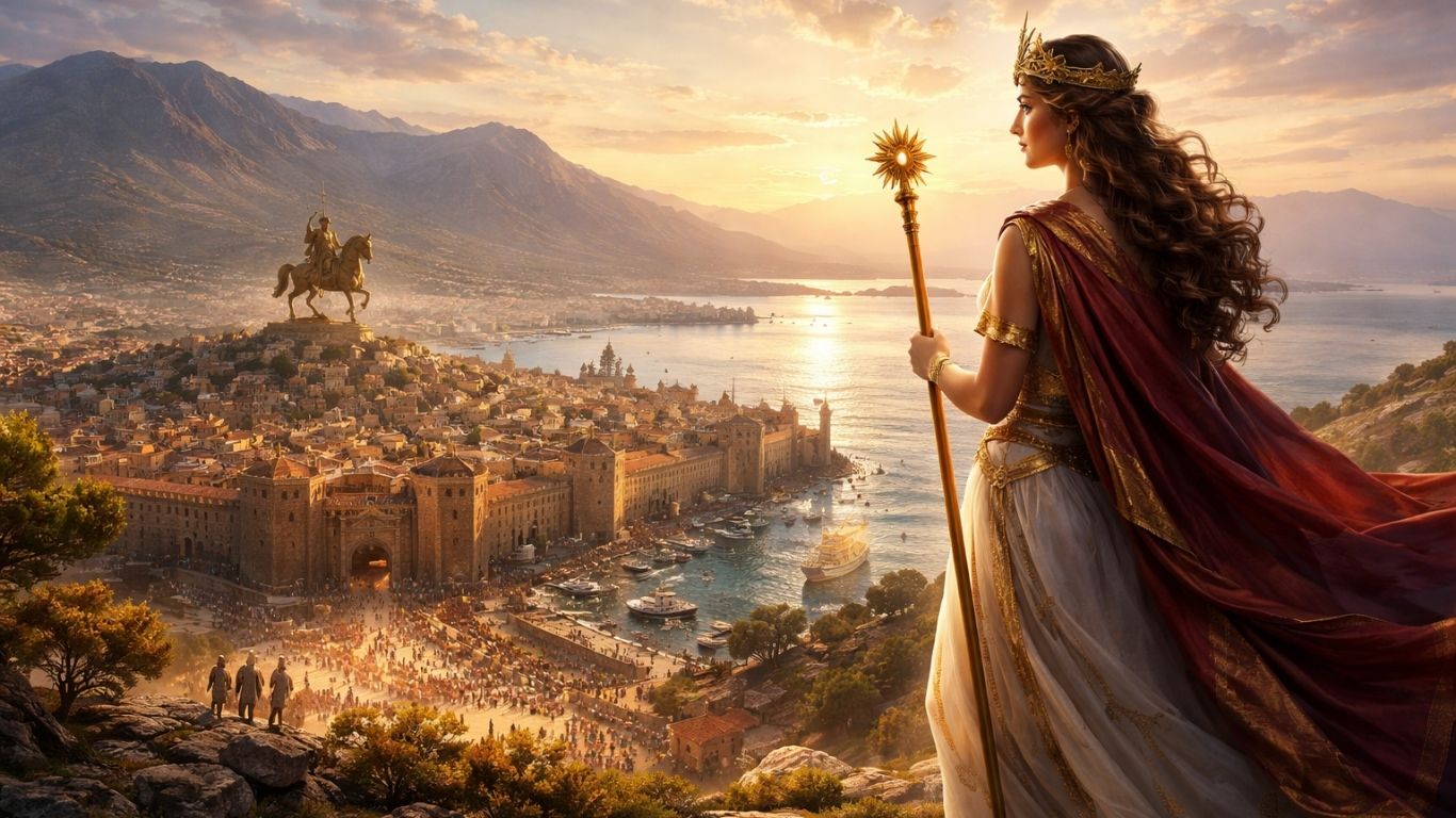 Концептуална илустрација на античка Македонија и Солун како историска личност