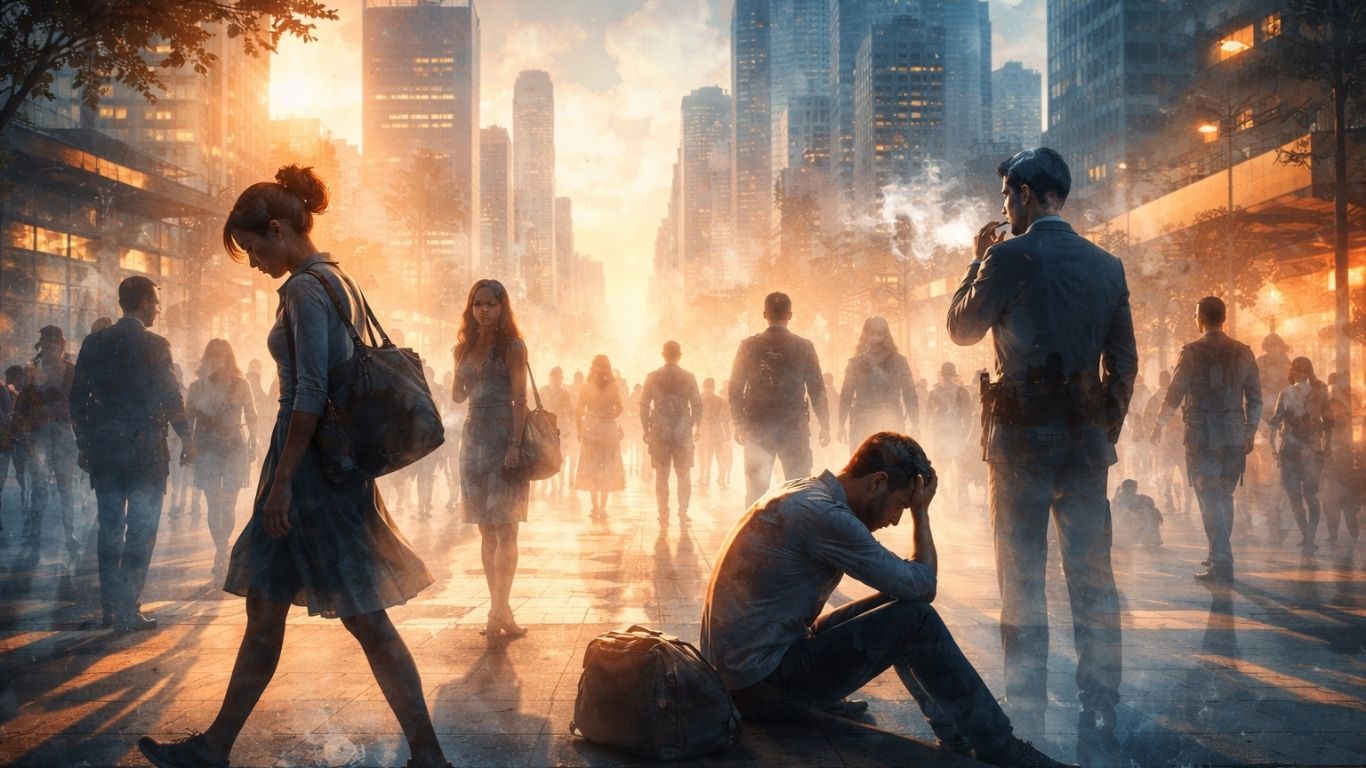 Концептуална урбана сцена со симболични фигури што ја отсликуваат тежината на модерниот живот