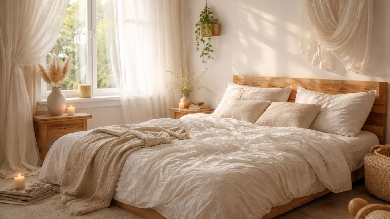 Концептуална светла спална соба со игра на текстури и природна утринска светлина