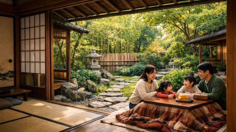 Традиционална јапонска куќа со татами, подвижни прегради и градина