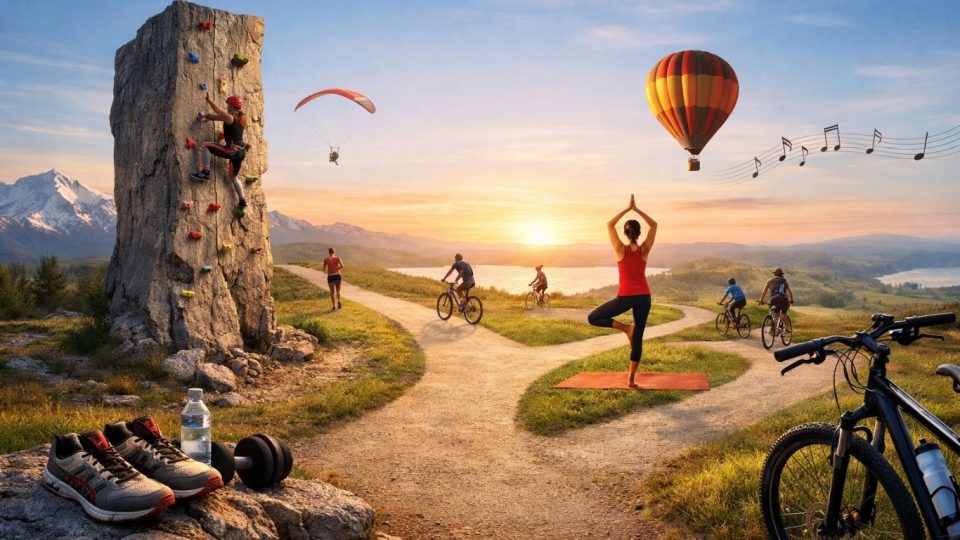 Концептуална илустрација со различни спортски активности во природа како симбол на ментално и физичко здравје