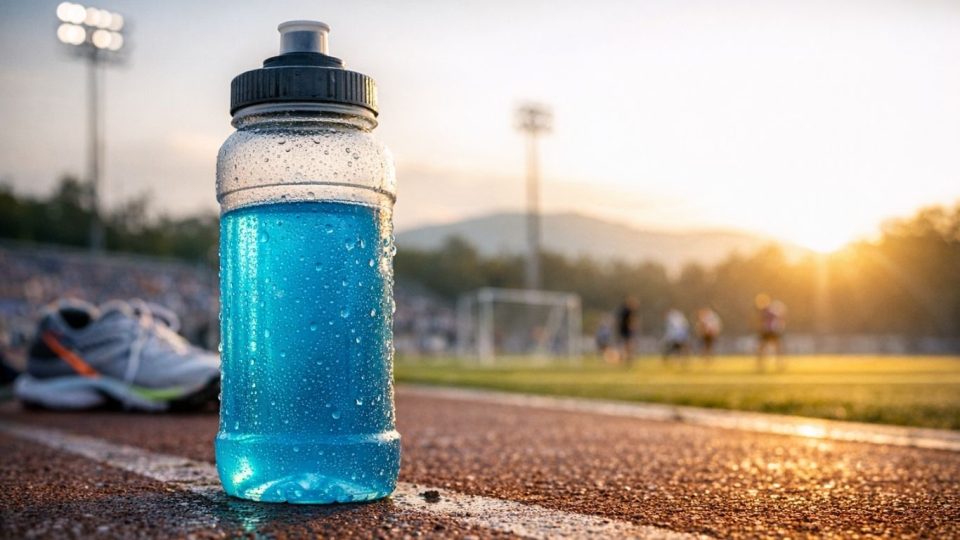 Спортски пијалок на атлетска патека во доцно попладне, симбол на хидратација, напор и опоравување