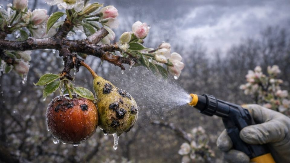 Spraying fungicide on early spring fruit trees
