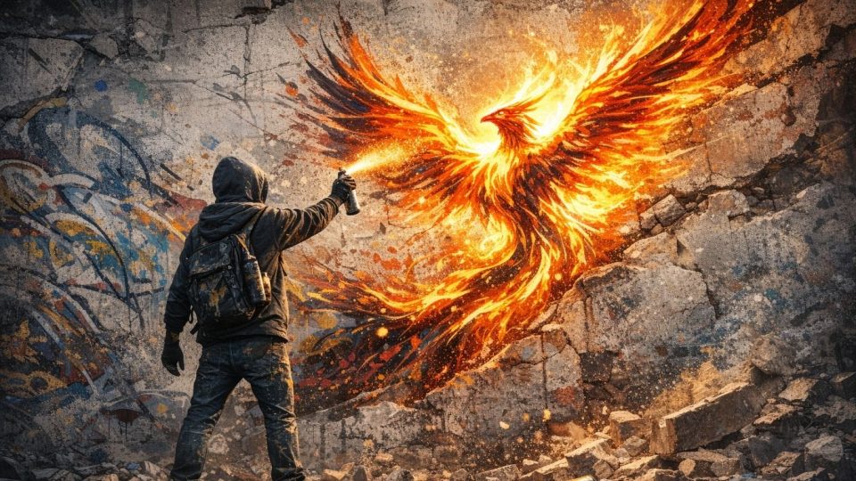 Street art: графити 1 Урбан графит со феникс што излегува од ѕид како симбол на отпор и слобода