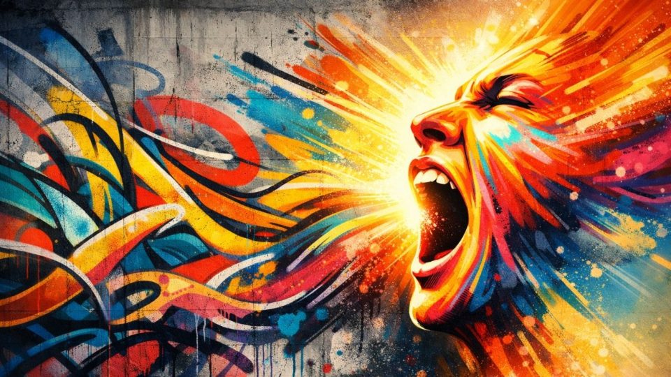 Концептуална урбана илустрација со шарен графит што се претвора во човечки крик