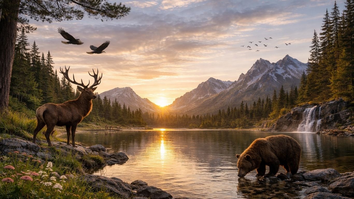 Див свет покрај езеро на зајдисонце како симбол на биодиверзитет и природна рамнотежа