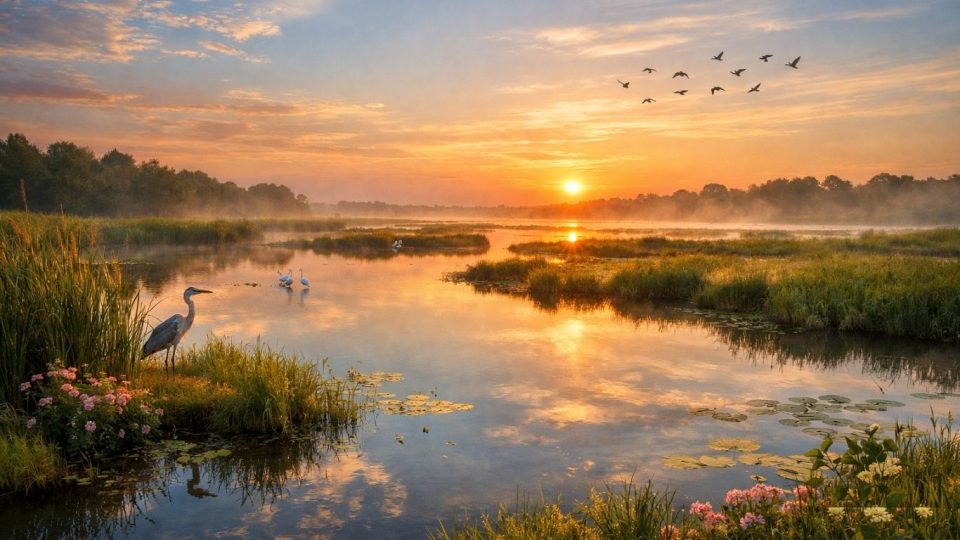 Концептуален пејзаж на водени живеалишта со одраз на небо и симболика на природна рамнотежа