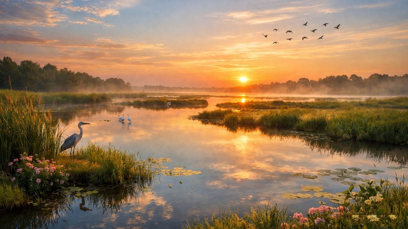 Концептуален пејзаж на водени живеалишта со одраз на небо и симболика на природна рамнотежа