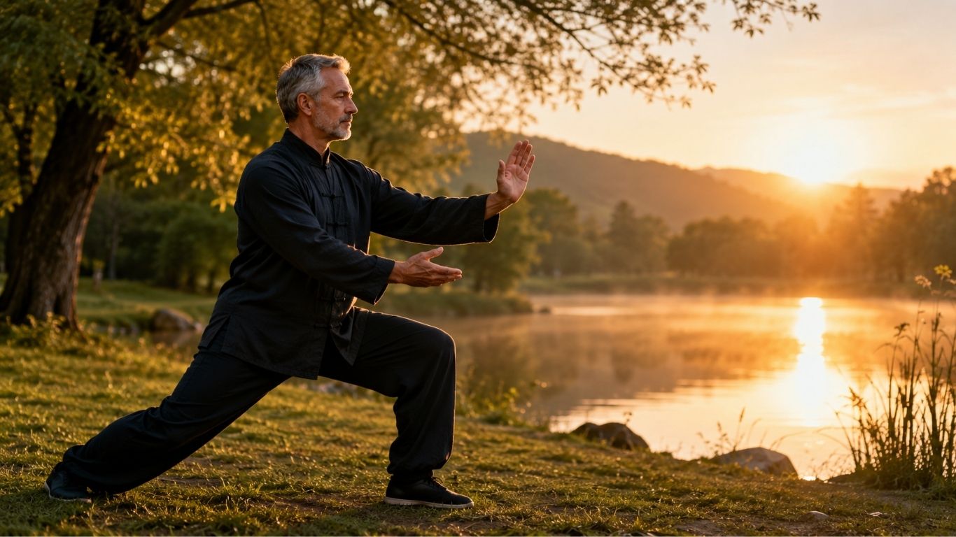 Маж над 50 години практикува Tai Chi Walking во мирна утринска природа
