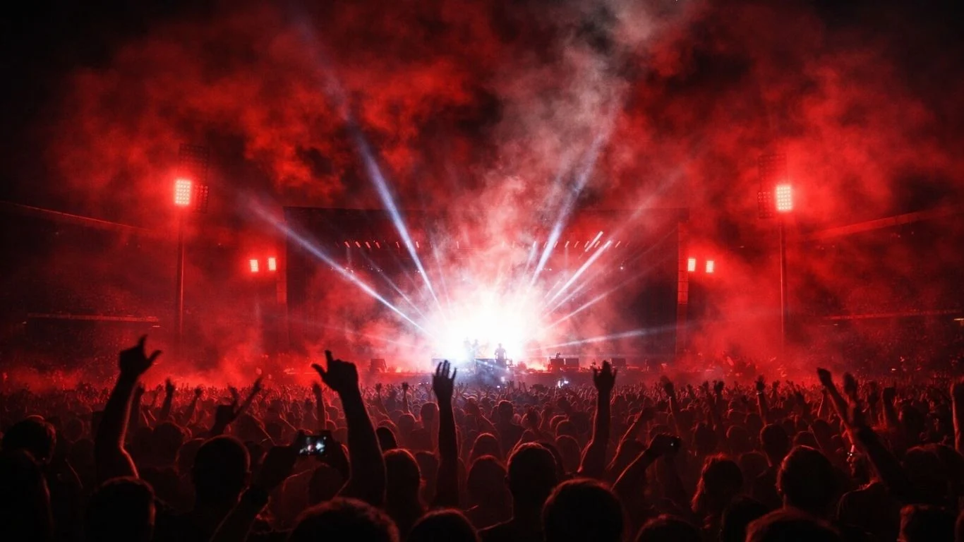 Атмосферска концертна сцена што го најавува настапот на The Prodigy на стадионот Грбавица во Сараево на 13 август 2026.