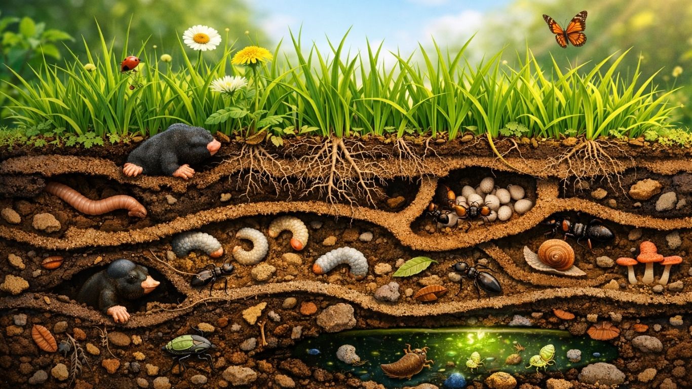 Концептуален пресек на тревник со коренов систем и почвен екосистем во живи бои