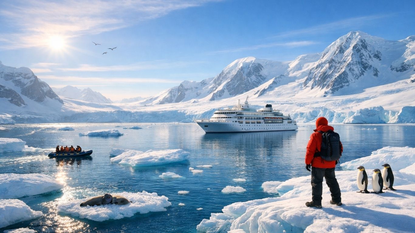 Концептуална илустрација на Антарктикот со бели ледени површини и светла поларна атмосфера што симболизира ранливост и величественост