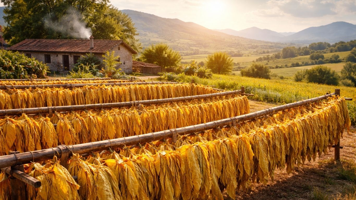 Ориентален тутун што се суши под македонско сонце во рурална средина