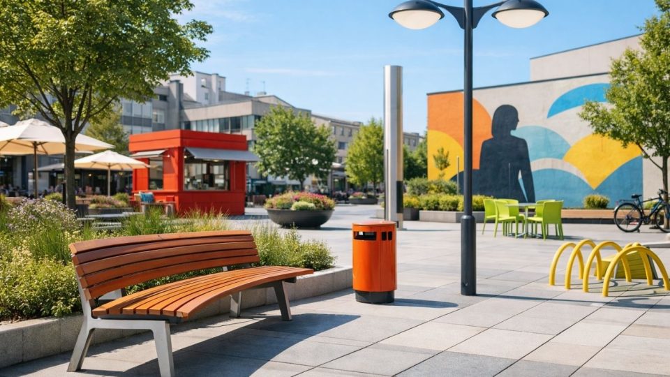 Концептуален приказ на современ градски плоштад со клупи, осветлување и уреден урбан мобилијар во свежи бои