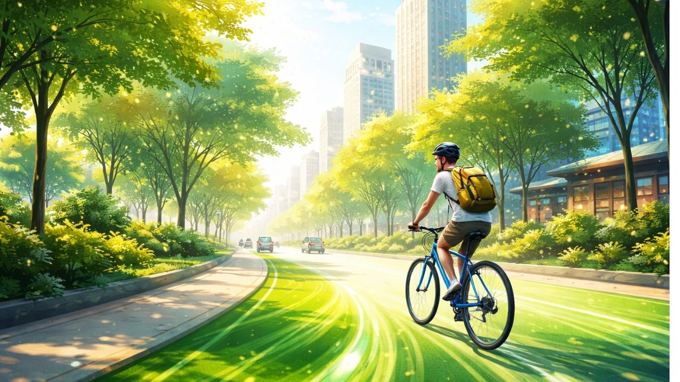 Урбан велосипедист вози низ модерен град со светли бои и зелена инфраструктура