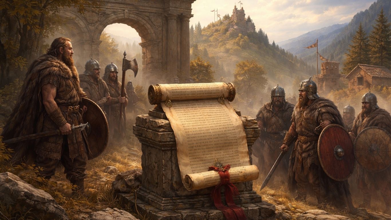 симболична сцена на преминот од Римското царство кон варварските кралства со римски правен свиток