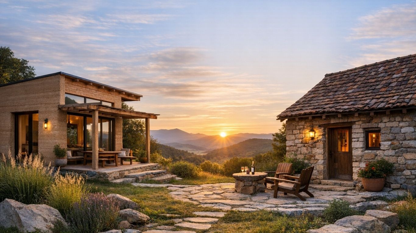 Современ дом со земјени и камени површини, светол природен амбиент и чувство на стабилност