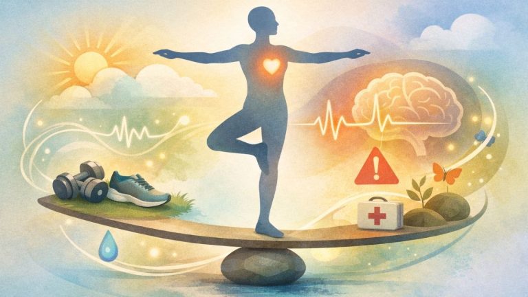 Концептуална илустрација што симболизира рамнотежа меѓу физичка активност и слушање на сигналите на телото
